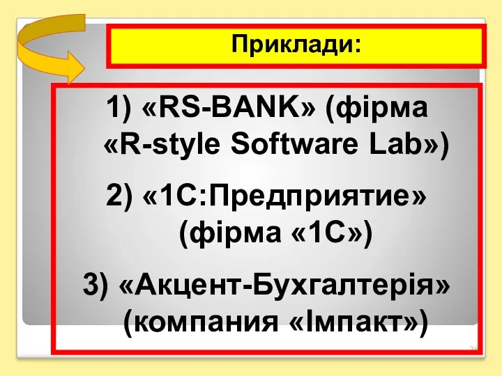 1) «RS-BANK» (фірма «R-style Software Lab») 2) «1C:Предприятие» (фірма «1С») 3) «Акцент-Бухгалтерія» (компания «Імпакт») Приклади: