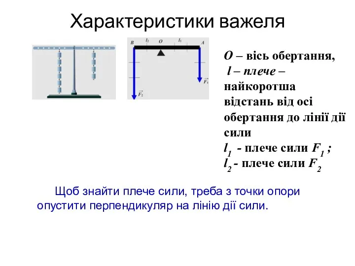 Характеристики важеля О – вісь обертання, l – плече –найкоротша