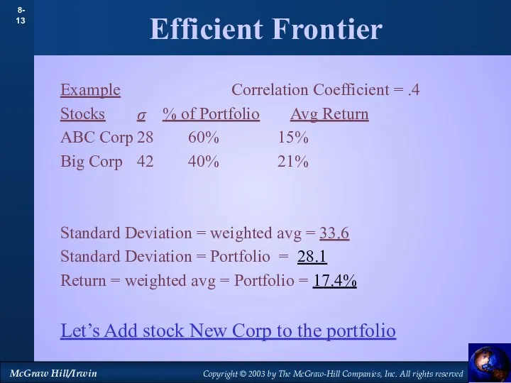 Efficient Frontier Example Correlation Coefficient = .4 Stocks σ %