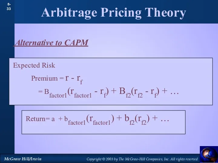 Arbitrage Pricing Theory Alternative to CAPM Expected Risk Premium =