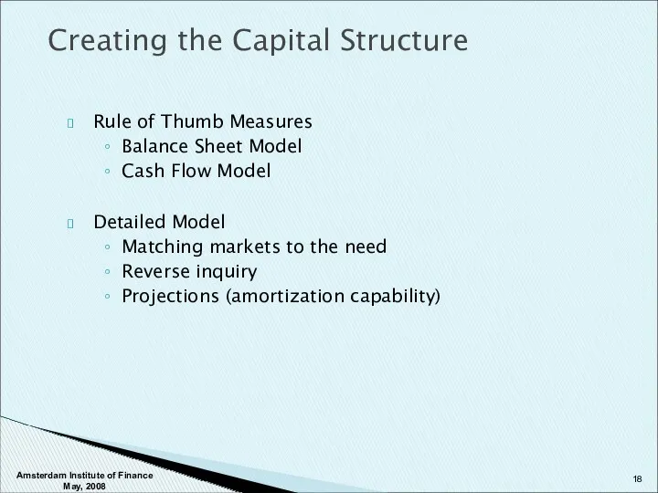 Rule of Thumb Measures Balance Sheet Model Cash Flow Model