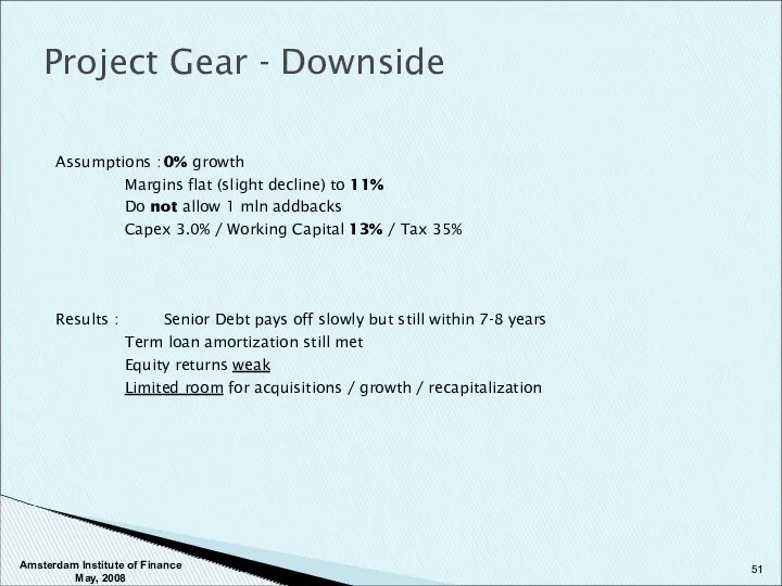 Project Gear - Downside Assumptions : 0% growth Margins flat