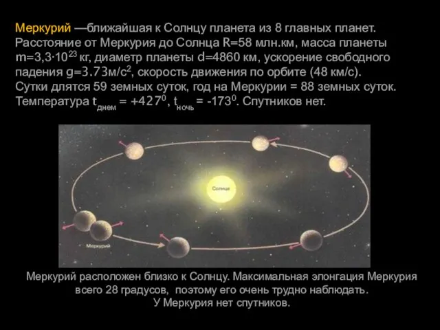 Меркурий —ближайшая к Солнцу планета из 8 главных планет. Расстояние