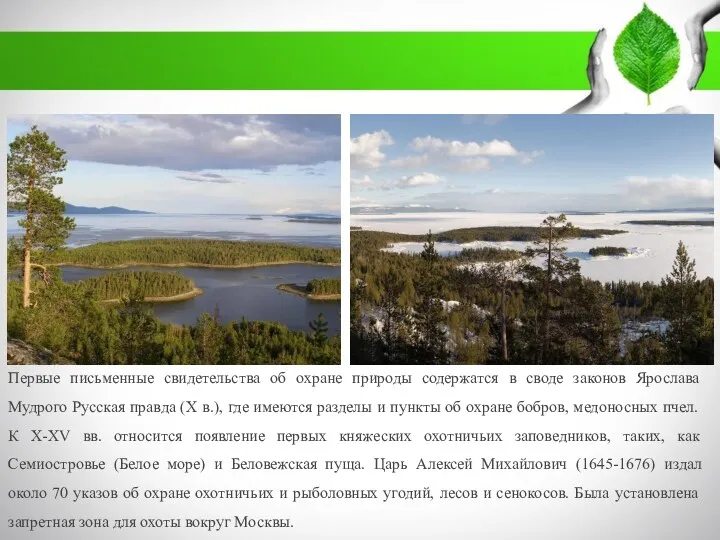 Первые письменные свидетельства об охране природы содержатся в своде законов Ярослава Мудрого Русская