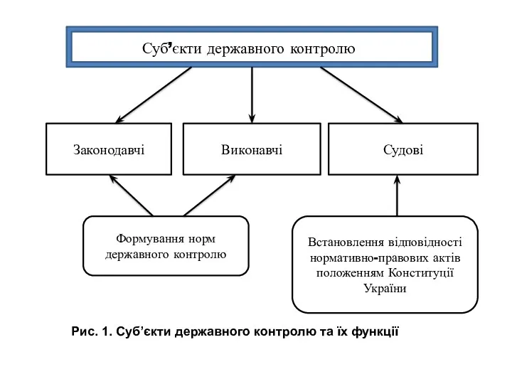 Суб’єкти державного контролю Законодавчі Виконавчі Судові Формування норм державного контролю