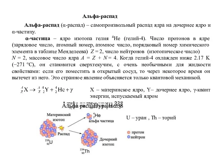 Альфа-распад (α-распад) – самопроизвольный распад ядра на дочернее ядро и