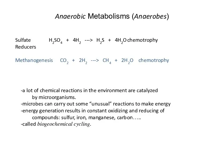 Anaerobic Metabolisms (Anaerobes) Sulfate H2SO4 + 4H2 ---> H2S +