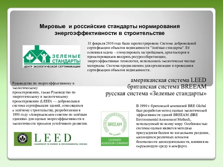 Мировые и российские стандарты нормирования энергоэффективности в строительстве американская система LEED британская система
