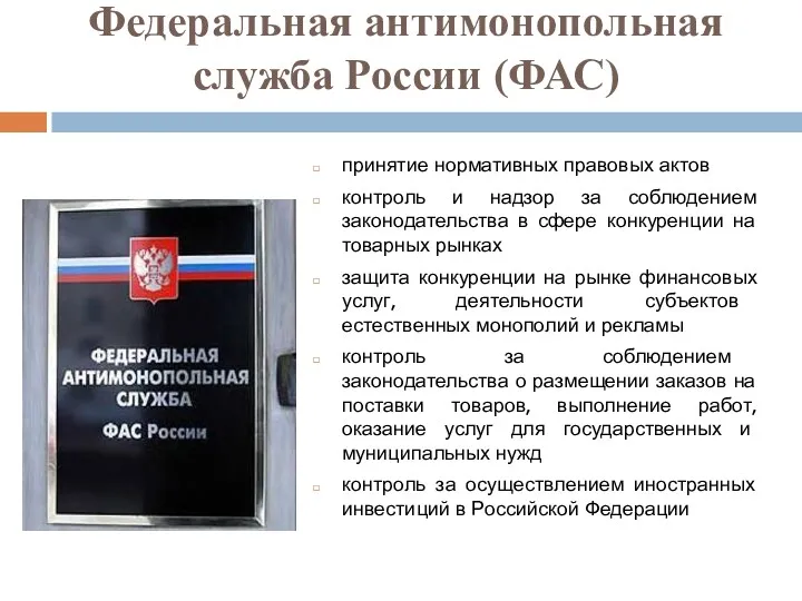 Федеральная антимонопольная служба России (ФАС) принятие нормативных правовых актов контроль
