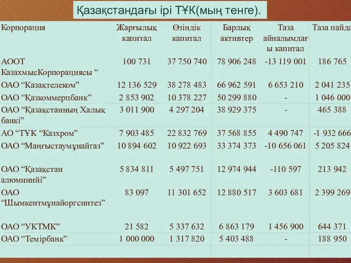 Қазақстандағы ірі ТҰК(мың тенге).