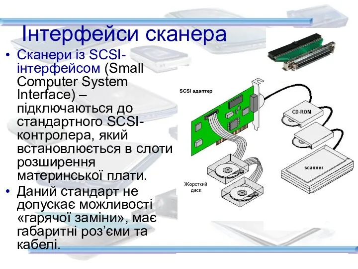 Інтерфейси сканера Сканери із SCSI-інтерфейсом (Small Computer System Interface) –підключаються