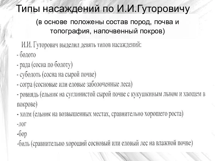 Типы насаждений по И.И.Гуторовичу (в основе положены состав пород, почва и топография, напочвенный покров)