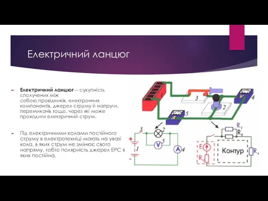 Електричний ланцюг Електричний ланцюг— сукупність сполучених між собою провідників, електронних компонентів, джерел струму