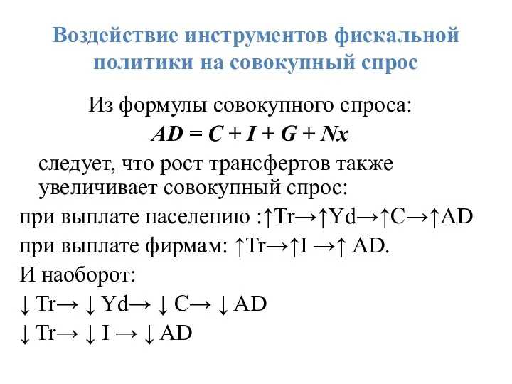 Воздействие инструментов фискальной политики на совокупный спрос Из формулы совокупного