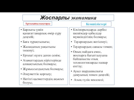 Жоспарлы экономика Артықшылықтары Барлығы үшін қанағаттанарлық өмір сүру деңгейі; Баға