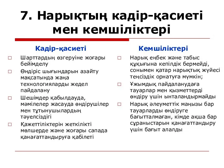 7. Нарықтың кадір-қасиеті мен кемшіліктері Кадір-қасиеті Шарттардың өзгеруіне жоғары бейімделу