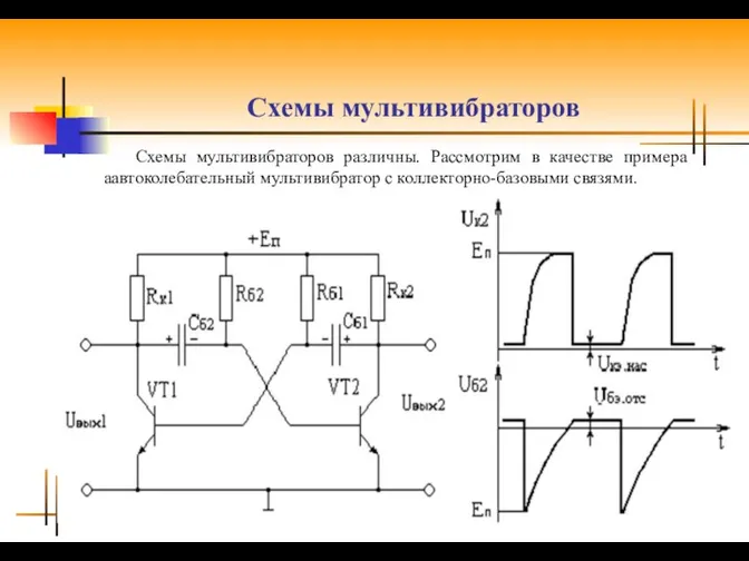 Схемы мультивибраторов Схемы мультивибраторов различны. Рассмотрим в качестве примера аавтоколебательный мультивибратор с коллекторно-базовыми связями.