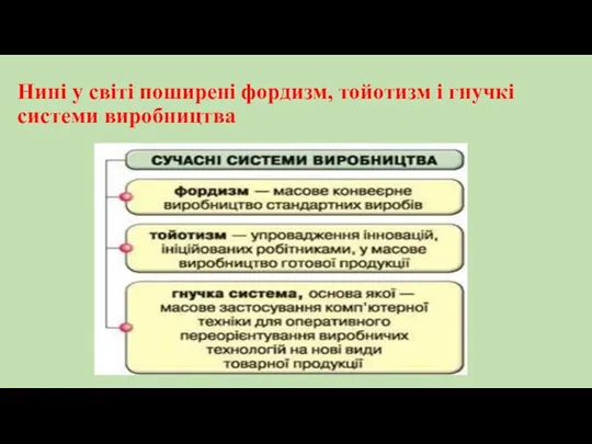 Нині у світі поширені фордизм, тойотизм і гнучкі системи виробництва