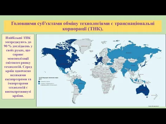 Головними суб'єктами обміну технологіями є транснаціональні корпорації (ТНК). Найбільші ТНК