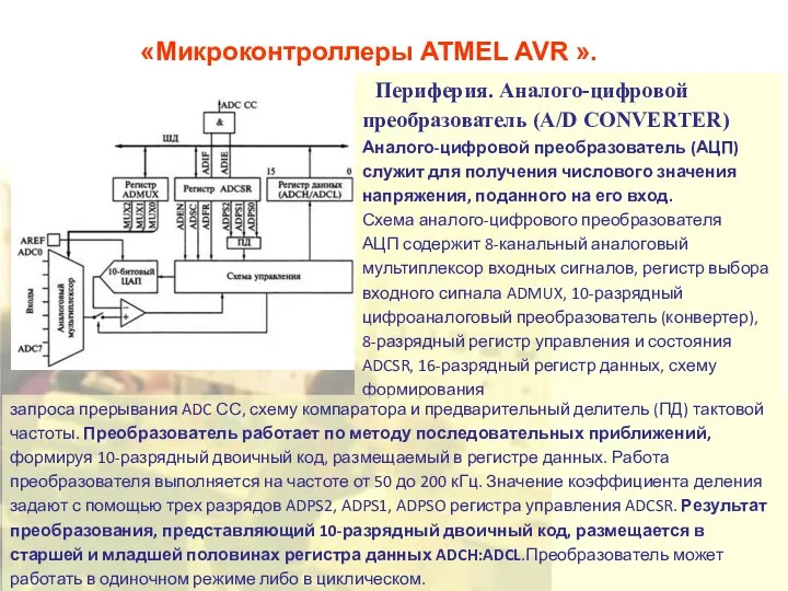 «Микроконтроллеры ATMEL AVR ». Периферия. Аналого-цифровой преобразователь (A/D CONVERTER) Аналого-цифровой