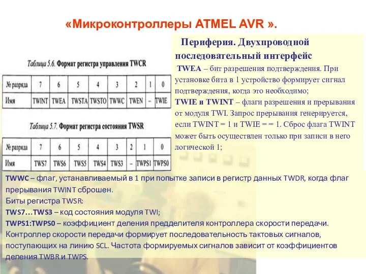 «Микроконтроллеры ATMEL AVR ». Периферия. Двухпроводной последовательный интерфейс TWEA –