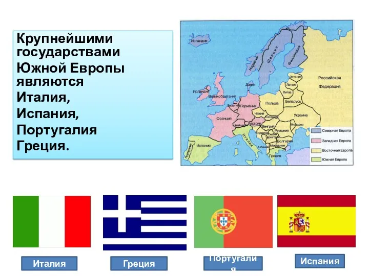 Крупнейшими государствами Южной Европы являются Италия, Испания, Португалия Греция. Италия Испания Португалия Греция