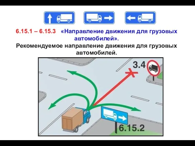 6.15.1 – 6.15.3 «Направление движения для грузовых автомобилей». Рекомендуемое направление движения для грузовых автомобилей.
