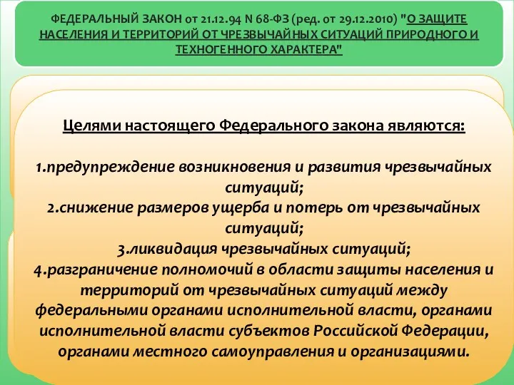 ФЕДЕРАЛЬНЫЙ ЗАКОН от 21.12.94 N 68-ФЗ (ред. от 29.12.2010) "О ЗАЩИТЕ НАСЕЛЕНИЯ И