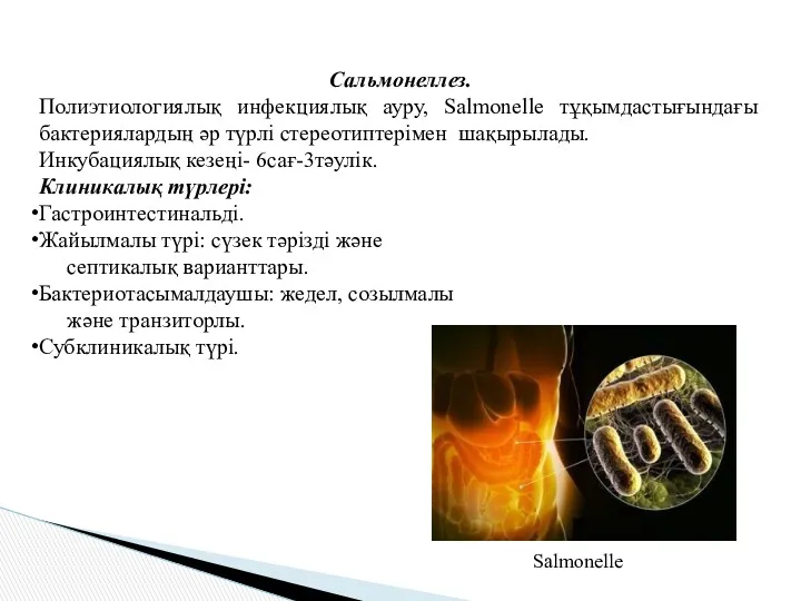 Сальмонеллез. Полиэтиологиялық инфекциялық ауру, Salmonelle тұқымдастығындағы бактериялардың әр түрлі стереотиптерімен