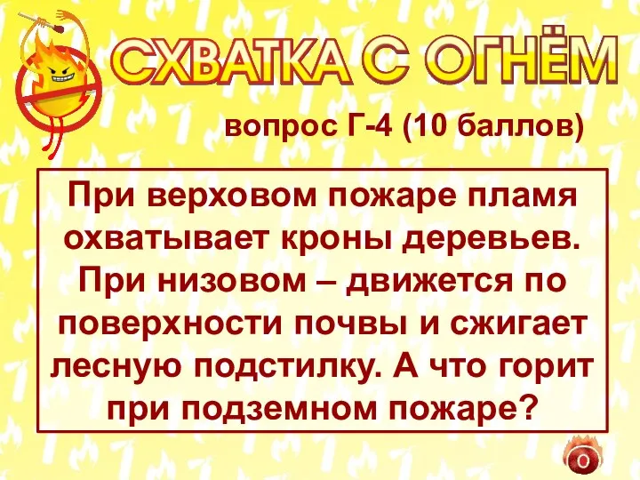 вопрос Г-4 (10 баллов) При верховом пожаре пламя охватывает кроны деревьев. При низовом