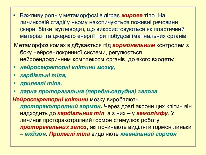 Важливу роль у метаморфозі відіграє жирове тіло. На личинковій стадії