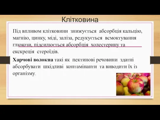 Клітковина Під впливом клітковини знижується абсорбція кальцію, магнію, цинку, міді,