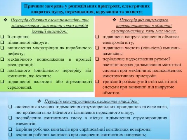 Причини загорянь у розподільних пристроях, електричних апаратах пуску, перемикання, керування