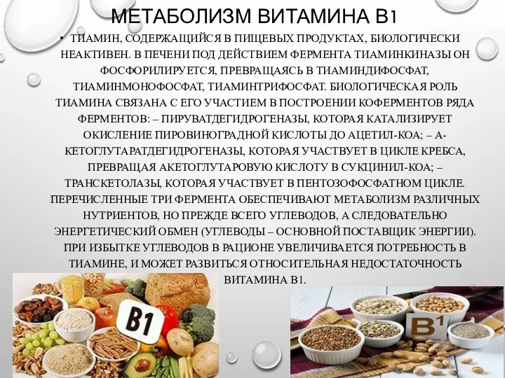 МЕТАБОЛИЗМ ВИТАМИНА В1 ТИАМИН, СОДЕРЖАЩИЙСЯ В ПИЩЕВЫХ ПРОДУКТАХ, БИОЛОГИЧЕСКИ НЕАКТИВЕН.