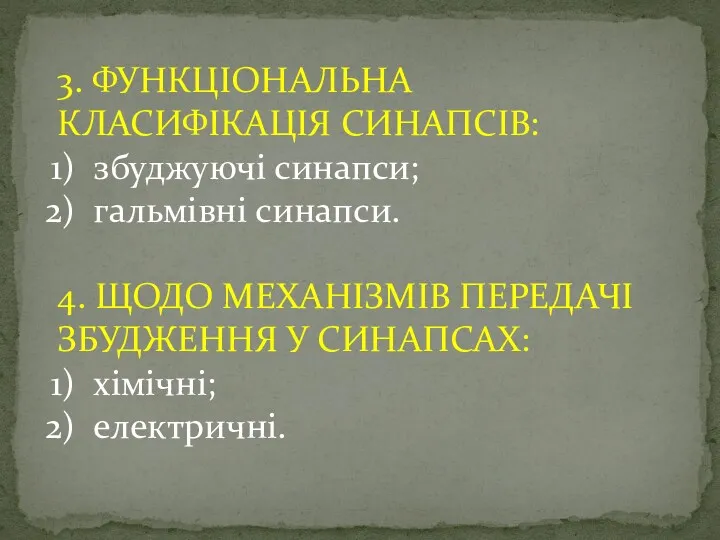 3. ФУНКЦІОНАЛЬНА КЛАСИФІКАЦІЯ СИНАПСІВ: збуджуючі синапси; гальмівні синапси. 4. ЩОДО