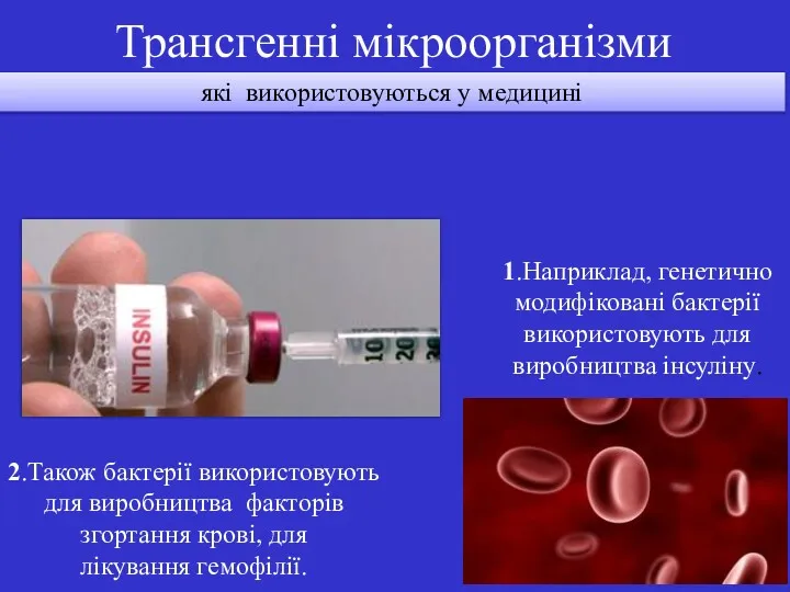 Трансгенні мікроорганізми які використовуються у медицині 1.Наприклад, генетично модифіковані бактерії