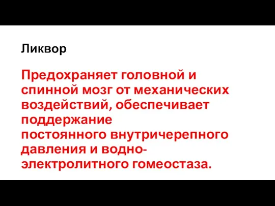 Ликвор Предохраняет головной и спинной мозг от механических воздействий, обеспечивает