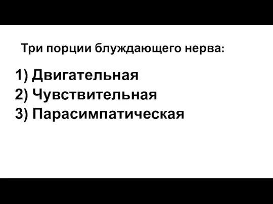 Три порции блуждающего нерва: Двигательная Чувствительная Парасимпатическая