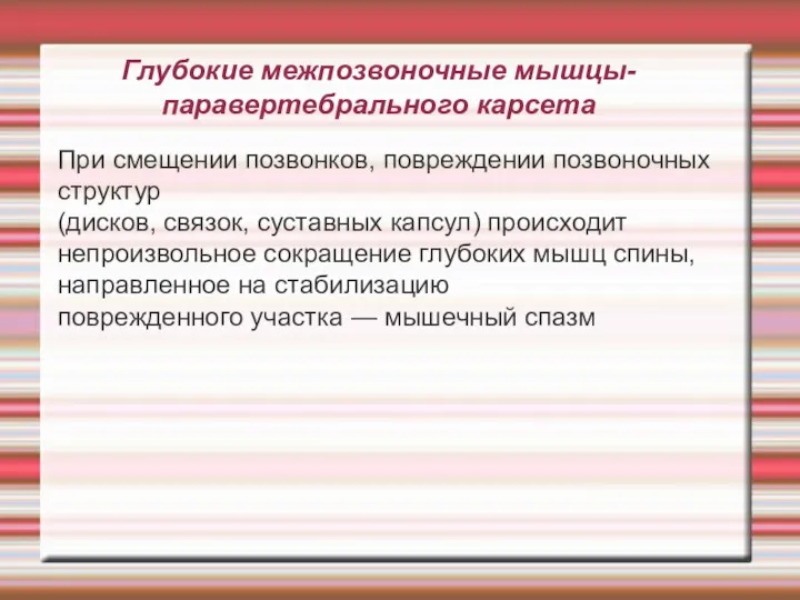 Глубокие межпозвоночные мышцы- паравертебрального карсета При смещении позвонков, повреждении позвоночных