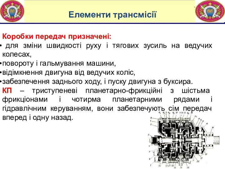 Елементи трансмісії Коробки передач призначені: для зміни швидкості руху і