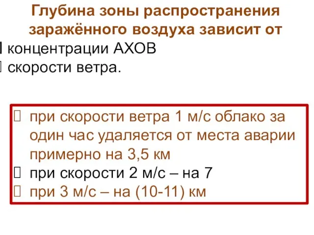 Глубина зоны распространения заражённого воздуха зависит от концентрации АХОВ скорости