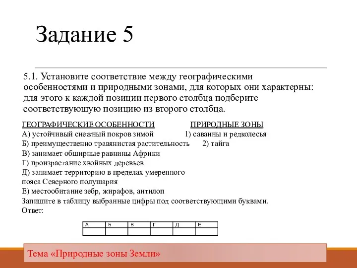 Задание 5 5.1. Установите соответствие между географическими особенностями и природными