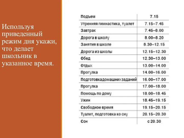 Используя приведенный режим дня укажи, что делает школьник в указанное время.