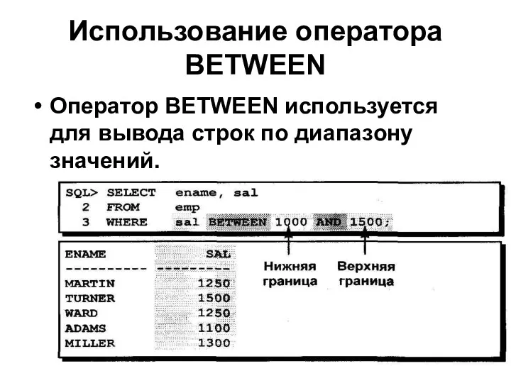 Использование оператора BETWEEN Оператор BETWEEN используется для вывода строк по диапазону значений.