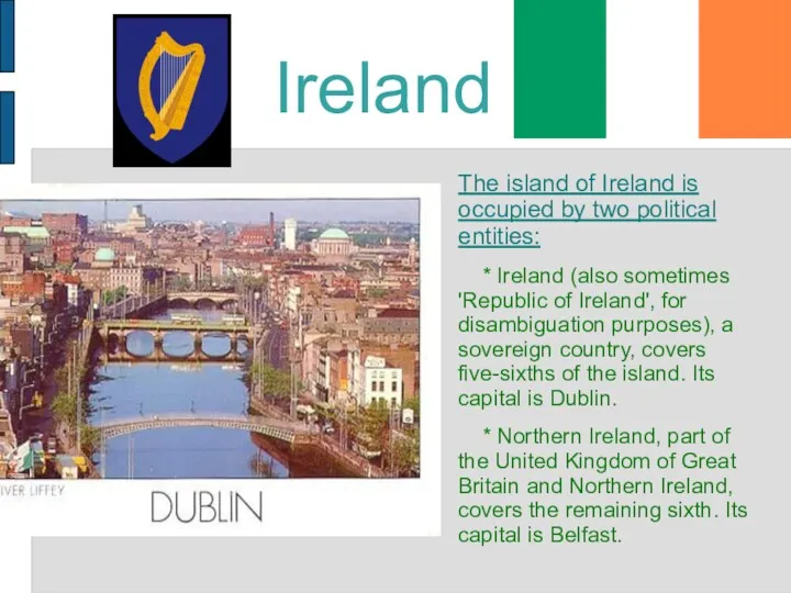 Ireland The island of Ireland is occupied by two political entities: * Ireland