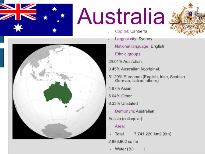 Australia Capital: Canberra Largest city: Sydney National language: English Ethnic groups: 29.01% Australian,