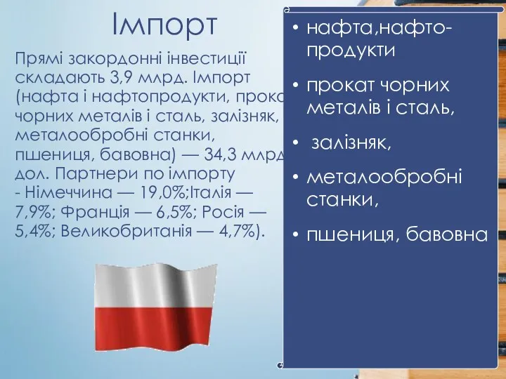 Імпорт нафта,нафто-продукти прокат чорних металів і сталь, залізняк, металообробні станки,