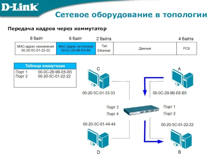 Сетевое оборудование в топологии Передача кадров через коммутатор