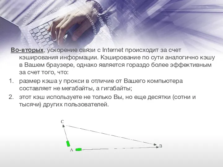 Во-вторых, ускорение связи с Internet происходит за счет кэширования информации.