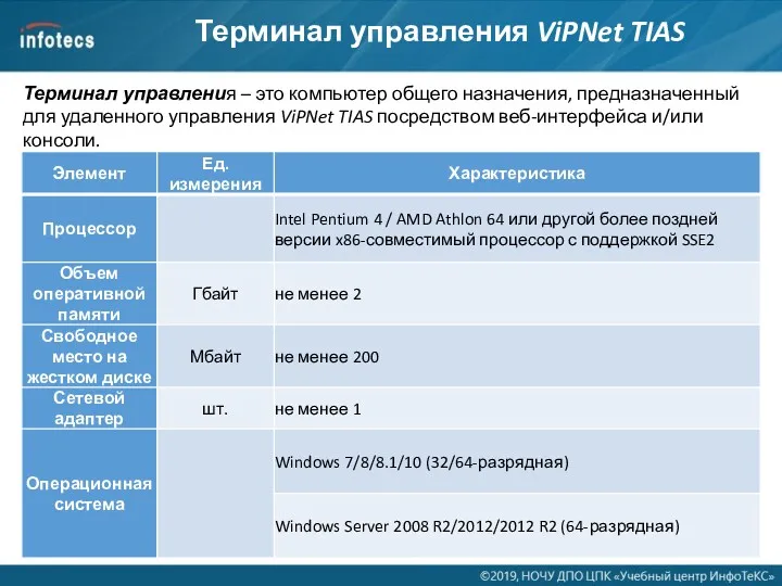 Терминал управления ViPNet TIAS Терминал управления – это компьютер общего